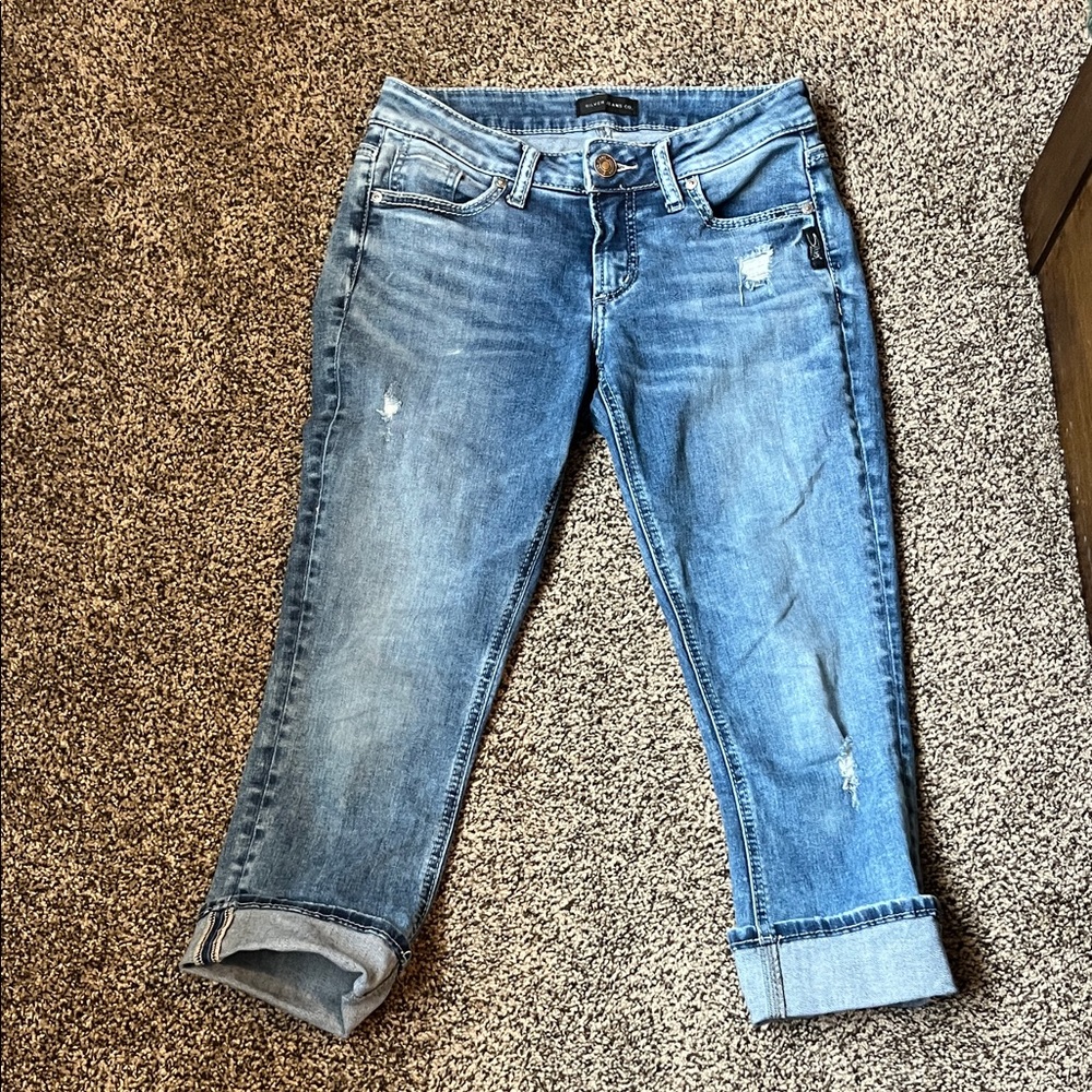 Silver Jeans Light Blue Distressed Cropped Jeans